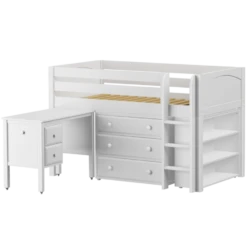 Maxtrix Twin Low Loft Bed With Straight Ladder, Storage + Desk -Kids Furniture BOX23L WP