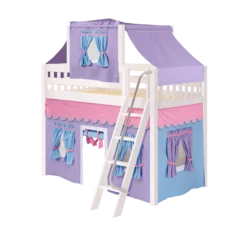 Maxtrix Twin Mid Loft Bed With Angled Ladder, Curtain + Top Tent -Kids Furniture CHAP27 WS