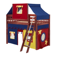 Maxtrix Twin Mid Loft Bed With Angled Ladder, Curtain + Top Tent -Kids Furniture CHAP29 CS