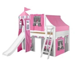 Maxtrix Full Low Loft Bed With Angled Ladder, Curtain, Top Tent, Tower + Slide -Kids Furniture FANTASTIC57 WP cec8bb77 5d95 4b62 a25c d09c3f9cd17b