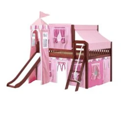 Maxtrix Full Low Loft Bed With Angled Ladder, Curtain, Top Tent, Tower + Slide -Kids Furniture FANTASTIC64 CS f6f220aa c922 47fe a280 6f173f6a635f