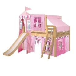 Maxtrix Full Low Loft Bed With Angled Ladder, Curtain, Top Tent, Tower + Slide -Kids Furniture FANTASTIC64 NS e1e83464 86dc 4908 bac8 4ae970331d45