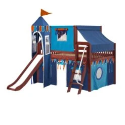 Maxtrix Full Low Loft Bed With Angled Ladder, Curtain, Top Tent, Tower + Slide -Kids Furniture FANTASTIC80 CS 79b1f128 9056 43ac 9e83 3d677e076840