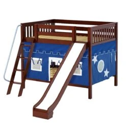 Maxtrix Full Medium Bunk Bed With Angled Ladder, Curtain + Slide -Kids Furniture HOORAY 22 CS