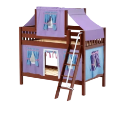 Maxtrix Twin Low Bunk Bed With Angled Ladder, Top Tent + Curtain -Kids Furniture HOTPOT27 CS