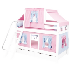 Maxtrix Twin Low Bunk Bed With Angled Ladder, Top Tent + Curtain -Kids Furniture HOTPOT28 WS