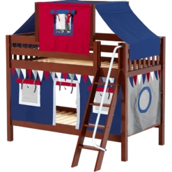 Maxtrix Twin Low Bunk Bed With Angled Ladder, Top Tent + Curtain