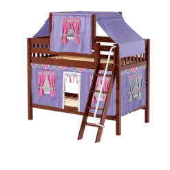 Maxtrix Twin Low Bunk Bed With Angled Ladder, Top Tent + Curtain -Kids Furniture HOTPOT56 CS