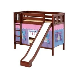 Maxtrix Twin Medium Bunk Bed With Straight Ladder, Curtain + Slide -Kids Furniture JOLLY 27 CS