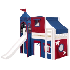 Maxtrix Twin Low Loft Bed With Straight Ladder, Curtain, Top Tent, Tower + Slide -Kids Furniture MARVELOUS21 WS LEFT 1145fce0 7263 4485 ba91 492bed351a5f