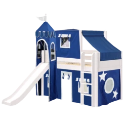 Maxtrix Twin Low Loft Bed With Straight Ladder, Curtain, Top Tent, Tower + Slide -Kids Furniture MARVELOUS22 WP LEFT 21f90994 a86a 4b73 af93 186d0d99003a