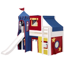 Maxtrix Twin Low Loft Bed With Straight Ladder, Curtain, Top Tent, Tower + Slide -Kids Furniture MARVELOUS29 WP LEFT 4f148b63 8473 4d98 af39 37aeb5e6f132