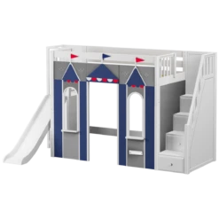 Maxtrix Twin High Loft Bed With Stairs, Slide Platform + Playhouse Panels -Kids Furniture OPERA BLUE WS