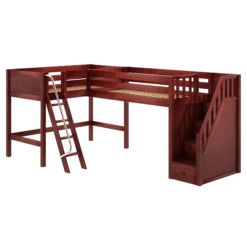 Maxtrix Twin Medium Corner Loft Bed With Ladder + Stairs - R -Kids Furniture PAIR CP