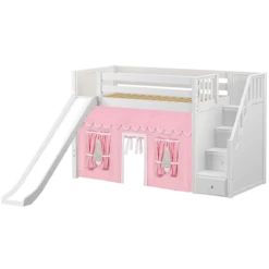Maxtrix Twin Mid Loft Bed With Stairs, Curtain + Slide -Kids Furniture SAMBA23 WP e8b840e0 5643 46a3 8b30 560e47b0b107