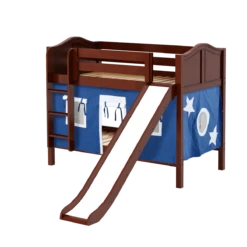 Maxtrix Twin Low Bunk Bed With Straight Ladder, Curtain + Slide -Kids Furniture SMILE22 CC