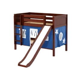 Maxtrix Twin Low Bunk Bed With Straight Ladder, Curtain + Slide -Kids Furniture SMILE22 CP