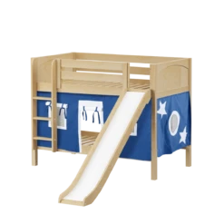 Maxtrix Twin Low Bunk Bed With Straight Ladder, Curtain + Slide -Kids Furniture SMILE22 NP