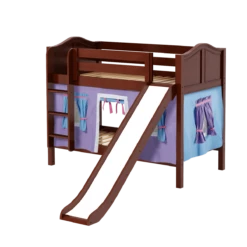 Maxtrix Twin Low Bunk Bed With Straight Ladder, Curtain + Slide -Kids Furniture SMILE27 CC