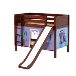 Maxtrix Twin Low Bunk Bed With Straight Ladder, Curtain + Slide -Kids Furniture SMILE27 CP