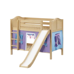 Maxtrix Twin Low Bunk Bed With Straight Ladder, Curtain + Slide -Kids Furniture SMILE27 NC