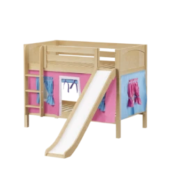 Maxtrix Twin Low Bunk Bed With Straight Ladder, Curtain + Slide -Kids Furniture SMILE28 NP