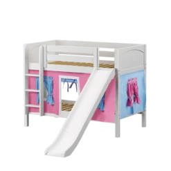 Maxtrix Twin Low Bunk Bed With Straight Ladder, Curtain + Slide -Kids Furniture SMILE28 WP