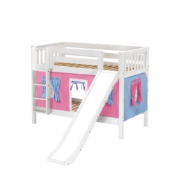 Maxtrix Twin Low Bunk Bed With Straight Ladder, Curtain + Slide -Kids Furniture SMILE28 WS