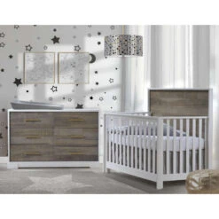 Nest Juvenile Vibe Double Dresser -Kids Furniture Vibe Collection Convertible Crib Double Dresser in white with brown bark antique brass pulls featuring Matty in dusty grey 1 79b48c05 5138 4b73 a943 bd4b7de7e21e