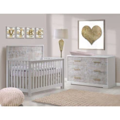 Nest Juvenile Vibe Double Dresser -Kids Furniture Vibe Collection Convertible Crib Double Dresser in white with white bark antique brass pulls featuring Matty in soft pink 1 ad5db169 c2b8 45ca 9d66 7c2253c42e95