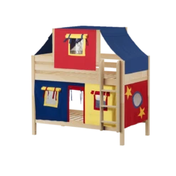 Maxtrix Twin Low Bunk Bed With Straight Ladder, Top Tent + Curtain -Kids Furniture WHATNOT29 NP