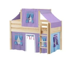 Maxtrix Twin Low Loft Bed With Straight Ladder, Curtain + Top Tent -Kids Furniture YIN 27 NP