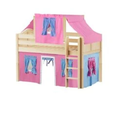 Maxtrix Twin Low Loft Bed With Straight Ladder, Curtain + Top Tent -Kids Furniture YIN 28 NC