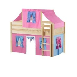 Maxtrix Twin Low Loft Bed With Straight Ladder, Curtain + Top Tent -Kids Furniture YIN 28 NP