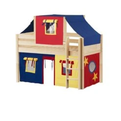 Maxtrix Twin Low Loft Bed With Straight Ladder, Curtain + Top Tent -Kids Furniture YIN 29 NP