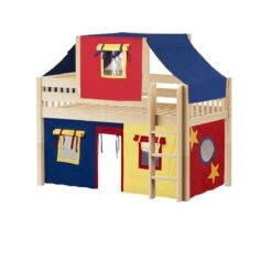 Maxtrix Twin Low Loft Bed With Straight Ladder, Curtain + Top Tent -Kids Furniture YIN 29 NS