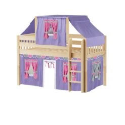 Maxtrix Twin Low Loft Bed With Straight Ladder, Curtain + Top Tent -Kids Furniture YIN 56 NS