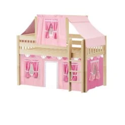 Maxtrix Twin Low Loft Bed With Straight Ladder, Curtain + Top Tent -Kids Furniture YIN 64 NS